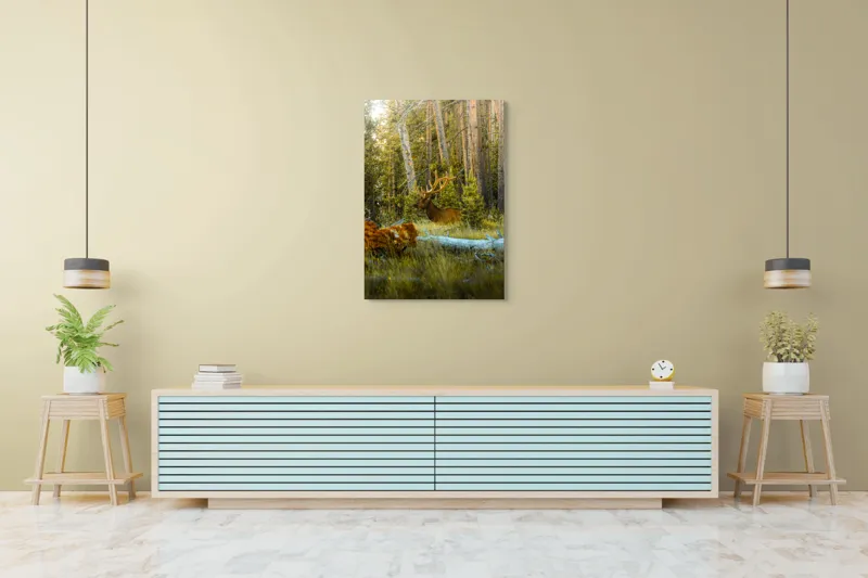 Tablou Canvas, "Elan pe Fundal de Pădure Bătrână", Pădure, Cerb, Coarne, Lumină, Copaci, Vegetație, Natură, Serenitate, 70 x 100 cm – poza 5