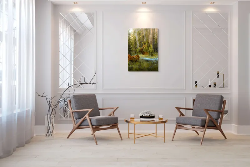 Tablou Canvas, "Elan pe Fundal de Pădure Bătrână", Pădure, Cerb, Coarne, Lumină, Copaci, Vegetație, Natură, Serenitate, 70 x 100 cm – poza 8