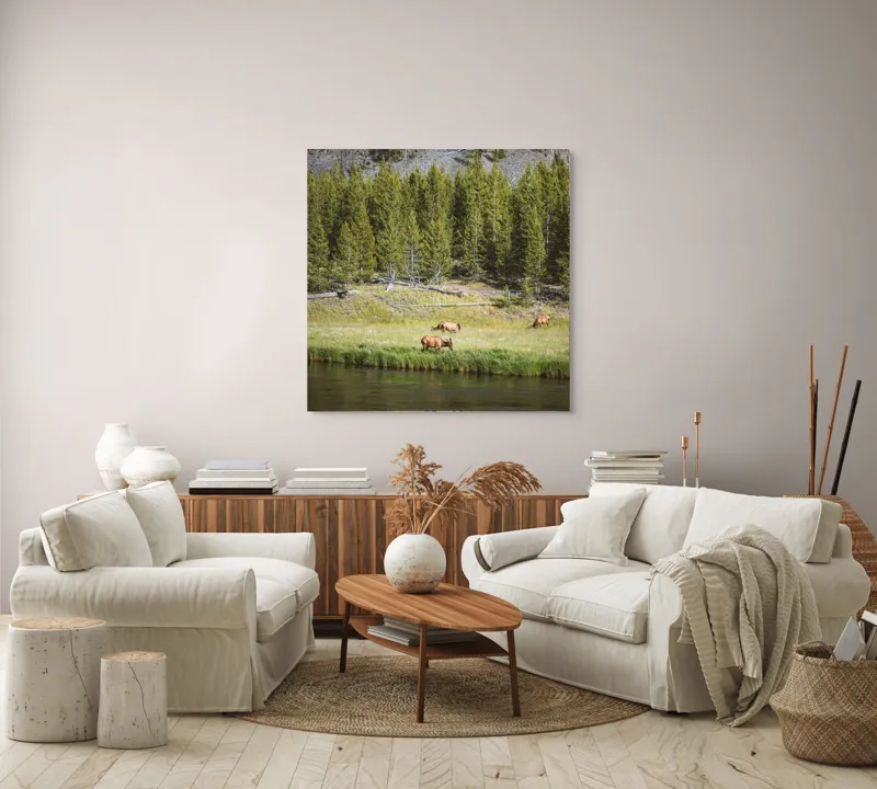 Tablou Canvas, "Cerbi liniștiți lângă râu", Natură, Elk, Pădure, Apă, Iarbă, Munți, Liniște, Verdeață, Frumusețe, Sălbăticie., 100 x 100 cm – poza 3