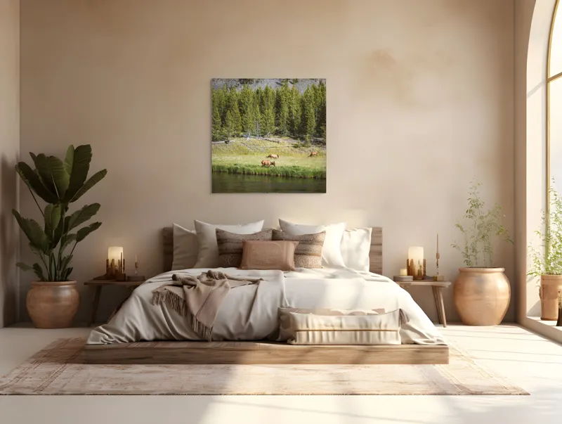 Tablou Canvas, "Cerbi liniștiți lângă râu", Natură, Elk, Pădure, Apă, Iarbă, Munți, Liniște, Verdeață, Frumusețe, Sălbăticie., 100 x 100 cm – poza 4