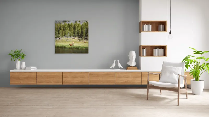 Tablou Canvas, "Cerbi liniștiți lângă râu", Natură, Elk, Pădure, Apă, Iarbă, Munți, Liniște, Verdeață, Frumusețe, Sălbăticie., 100 x 100 cm – poza 8