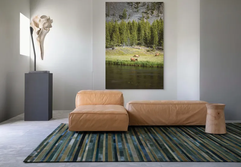 Tablou Canvas, "Cerbi liniștiți lângă râu", Natură, Elk, Pădure, Apă, Iarbă, Munți, Liniște, Verdeață, Frumusețe, Sălbăticie., 100 x 150 cm – poza 7
