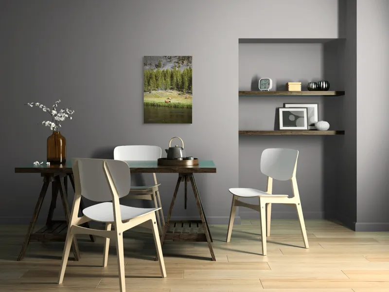 Tablou Canvas, "Cerbi liniștiți lângă râu", Natură, Elk, Pădure, Apă, Iarbă, Munți, Liniște, Verdeață, Frumusețe, Sălbăticie., 50 x 70 cm – poza 5