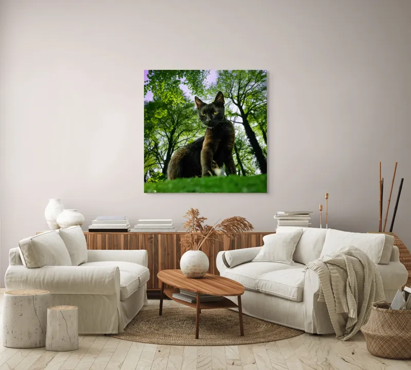 Tablou Canvas, "Pisica în adâncul pădurii verzi", Pisică, Pădure, Verdetă, Privire, Dramatic, Natură, Copaci, Cer, Umbre, Culoare., 100 x 100 cm – poza 3