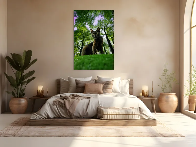 Tablou Canvas, "Pisica în adâncul pădurii verzi", Pisică, Pădure, Verdetă, Privire, Dramatic, Natură, Copaci, Cer, Umbre, Culoare., 100 x 150 cm – poza 3
