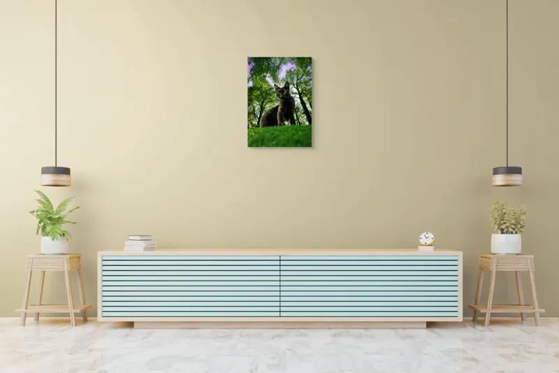 Tablou Canvas, "Pisica în adâncul pădurii verzi", Pisică, Pădure, Verdetă, Privire, Dramatic, Natură, Copaci, Cer, Umbre, Culoare., 50 x 70 cm – poza 6