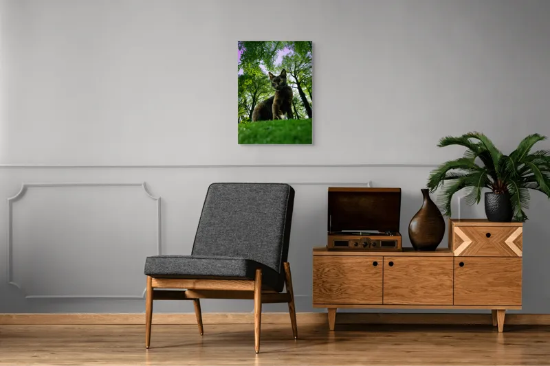 Tablou Canvas, "Pisica în adâncul pădurii verzi", Pisică, Pădure, Verdetă, Privire, Dramatic, Natură, Copaci, Cer, Umbre, Culoare., 50 x 70 cm – poza 8