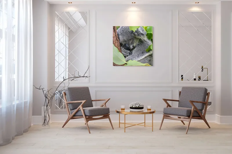 Tablou Canvas, "Koala într-un somn adânc și dulce", Koala, Somnoros, Blănos, Frunze, Copac, Odihnă, Natural, Calm, Verde, Tihnă, 100 x 100 cm – poza 7