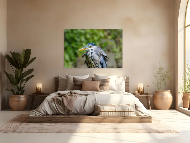 Tablou Canvas, "Aripa albastră în zbor verde", Pasăre, Penaj, Albastru, Cioc, Natură, Ochi, Verde, Detaliu, Elegant, Observație, 150 x 100 cm – poza 4