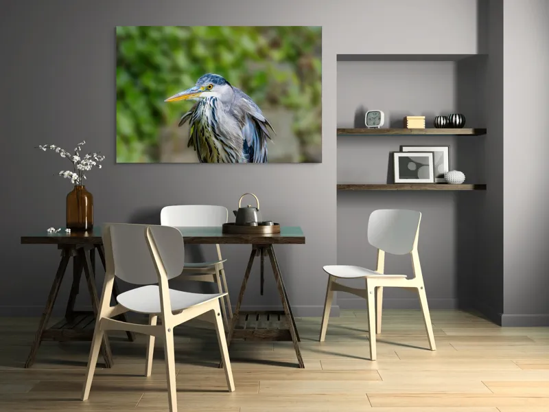 Tablou Canvas, "Aripa albastră în zbor verde", Pasăre, Penaj, Albastru, Cioc, Natură, Ochi, Verde, Detaliu, Elegant, Observație, 150 x 100 cm – poza 5