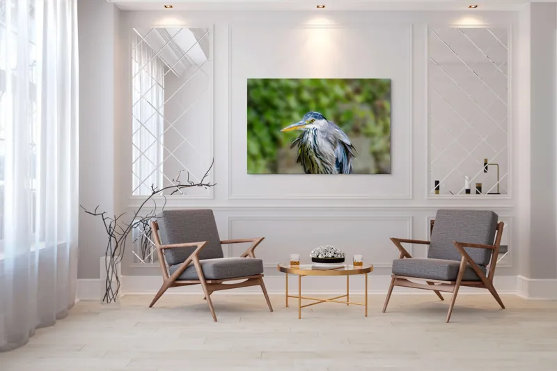 Tablou Canvas, "Aripa albastră în zbor verde", Pasăre, Penaj, Albastru, Cioc, Natură, Ochi, Verde, Detaliu, Elegant, Observație, 150 x 100 cm – poza 7