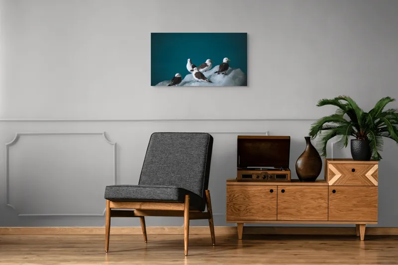 Tablou Canvas, "Pescăruși odihnindu-se pe gheață rece", Pescăruși, Gheață, Albastru, Natură, Pene, 90 x 50 cm – poza 6