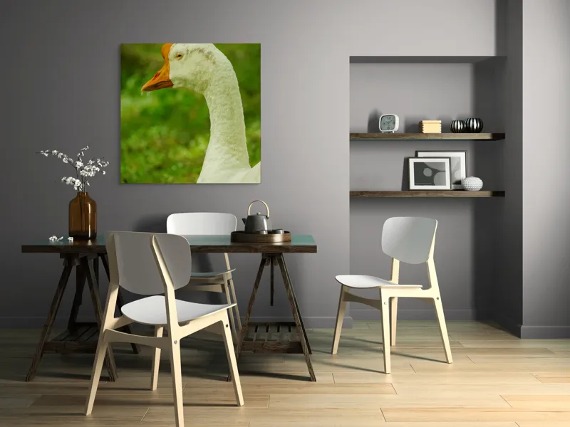 Tablou Canvas, "Gâsca privind orizontul verde viu", Pana, Portocaliu, Ochi, Verde, Iarba, 100 x 100 cm – poza 6