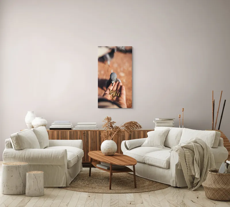 Tablou Canvas, "Porumbel hrănit din palmă zboară liber", Dove, Palms, Feeding, Gentle, Close-up, Interaction, Nature, Moment, 50 x 90 cm – poza 7