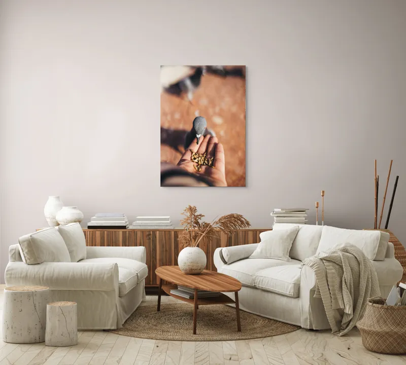 Tablou Canvas, "Porumbel hrănit din palmă zboară liber", Dove, Palms, Feeding, Gentle, Close-up, Interaction, Nature, Moment, 70 x 100 cm – poza 4
