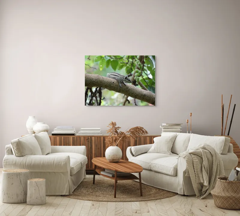 Tablou Canvas, "Veveriță odihnindu-se pe creangă verde", Veveriță, Crenguță, Frunze, Muguri, Natură, Copac, Relaxare, Verde, Linie, Viață, 100 x 70 cm – poza 3