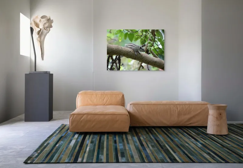 Tablou Canvas, "Veveriță odihnindu-se pe creangă verde", Veveriță, Crenguță, Frunze, Muguri, Natură, Copac, Relaxare, Verde, Linie, Viață, 100 x 70 cm – poza 7