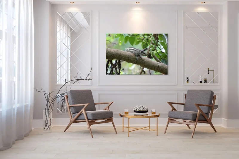 Tablou Canvas, "Veveriță odihnindu-se pe creangă verde", Veveriță, Crenguță, Frunze, Muguri, Natură, Copac, Relaxare, Verde, Linie, Viață, 150 x 100 cm – poza 7