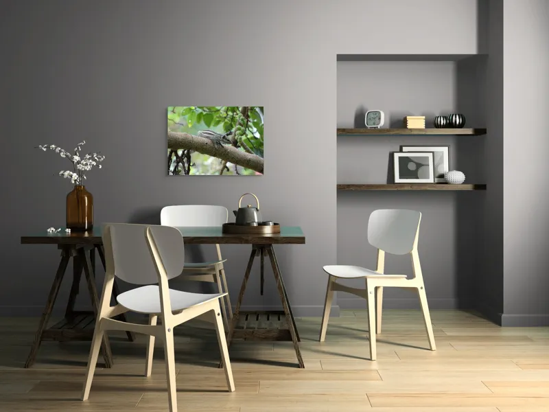 Tablou Canvas, "Veveriță odihnindu-se pe creangă verde", Veveriță, Crenguță, Frunze, Muguri, Natură, Copac, Relaxare, Verde, Linie, Viață, 70 x 50 cm – poza 5