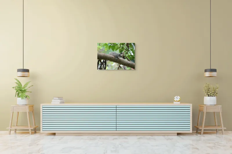 Tablou Canvas, "Veveriță odihnindu-se pe creangă verde", Veveriță, Crenguță, Frunze, Muguri, Natură, Copac, Relaxare, Verde, Linie, Viață, 70 x 50 cm – poza 7