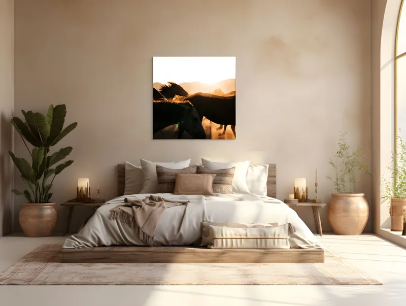 Tablou Canvas, "Cai sălbatici în lumina apusului", Nori, Cai, Apus, Tunete, Prafului, Libertate, Viteza, Vâjâit, Siluete, Energie, 100 x 100 cm – poza 4