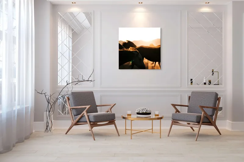 Tablou Canvas, "Cai sălbatici în lumina apusului", Nori, Cai, Apus, Tunete, Prafului, Libertate, Viteza, Vâjâit, Siluete, Energie, 100 x 100 cm – poza 7