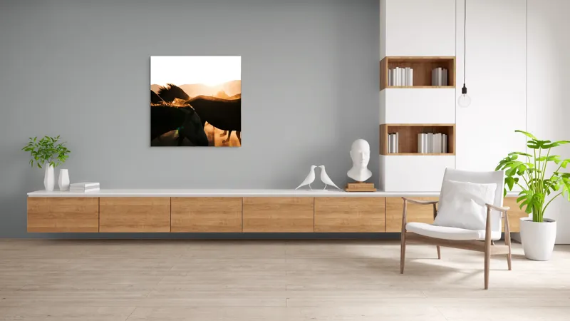 Tablou Canvas, "Cai sălbatici în lumina apusului", Nori, Cai, Apus, Tunete, Prafului, Libertate, Viteza, Vâjâit, Siluete, Energie, 100 x 100 cm – poza 8