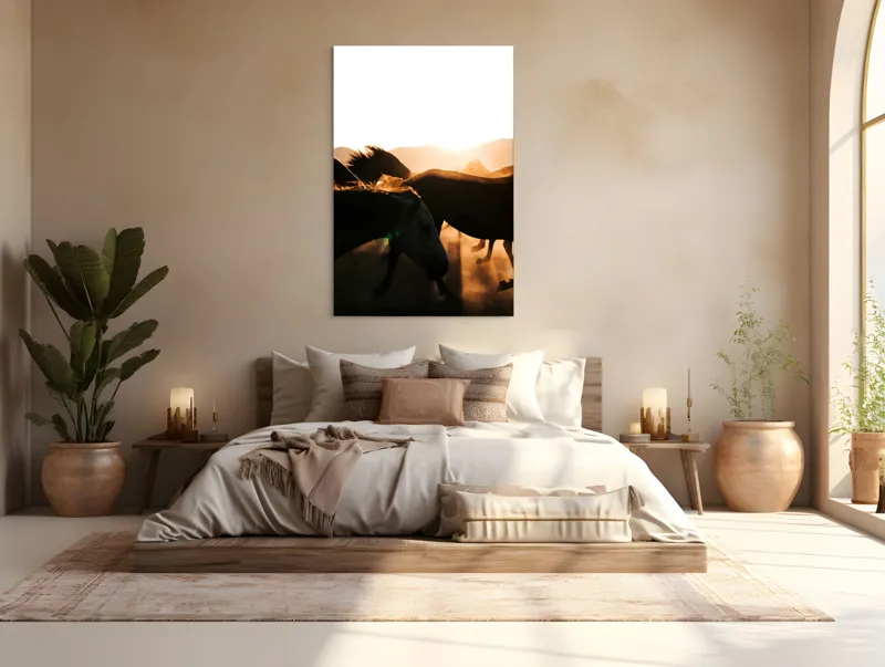 Tablou Canvas, "Cai sălbatici în lumina apusului", Nori, Cai, Apus, Tunete, Prafului, Libertate, Viteza, Vâjâit, Siluete, Energie, 100 x 150 cm – poza 3