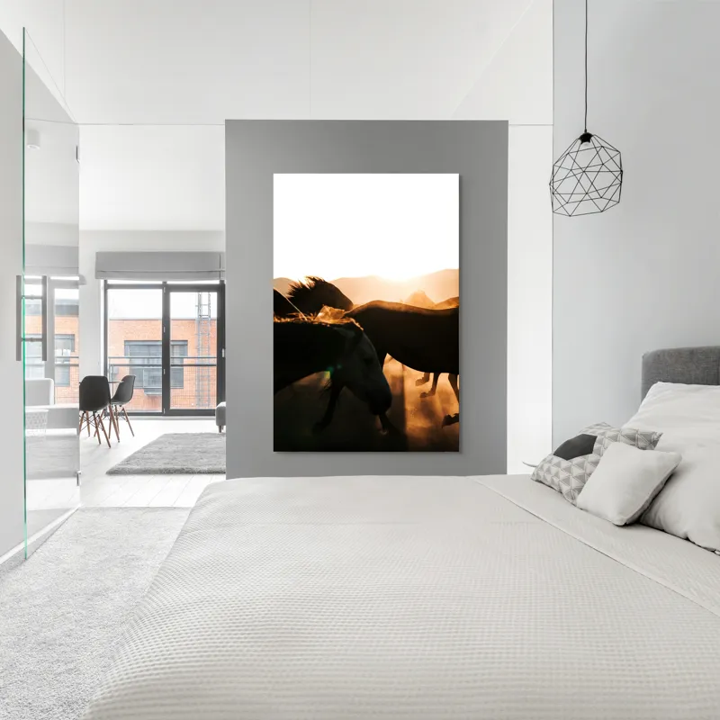 Tablou Canvas, "Cai sălbatici în lumina apusului", Nori, Cai, Apus, Tunete, Prafului, Libertate, Viteza, Vâjâit, Siluete, Energie, 100 x 150 cm – poza 5
