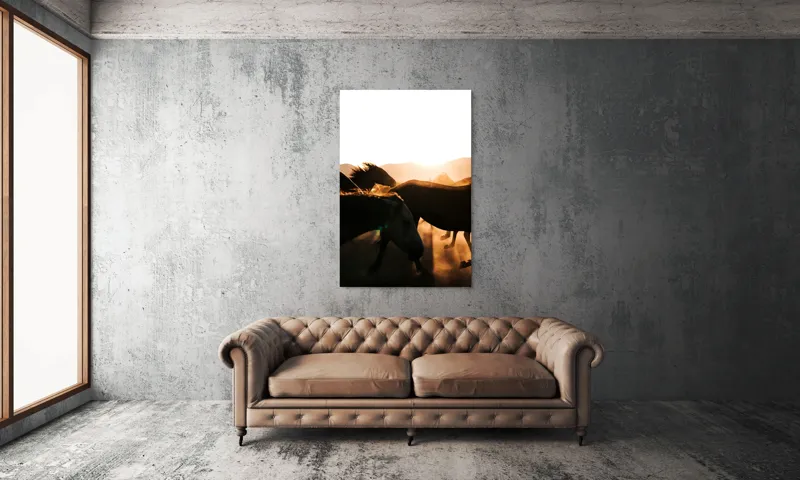 Tablou Canvas, "Cai sălbatici în lumina apusului", Nori, Cai, Apus, Tunete, Prafului, Libertate, Viteza, Vâjâit, Siluete, Energie, 100 x 150 cm – poza 6
