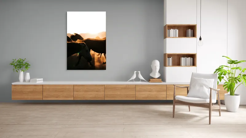 Tablou Canvas, "Cai sălbatici în lumina apusului", Nori, Cai, Apus, Tunete, Prafului, Libertate, Viteza, Vâjâit, Siluete, Energie, 100 x 150 cm – poza 8