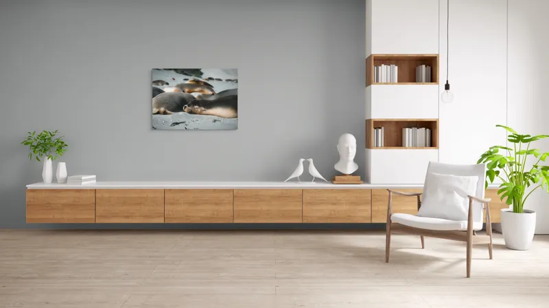Tablou Canvas, "Leii de mare odihnindu-se pe plajă", Plajă, Lei, Somn, Nisip, Soare, Relaxare, Natură, Serenitate, Odihnă, Grup, 100 x 70 cm – poza 6