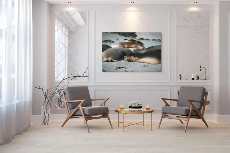 Tablou Canvas, "Leii de mare odihnindu-se pe plajă", Plajă, Lei, Somn, Nisip, Soare, Relaxare, Natură, Serenitate, Odihnă, Grup, 150 x 100 cm – poza 7