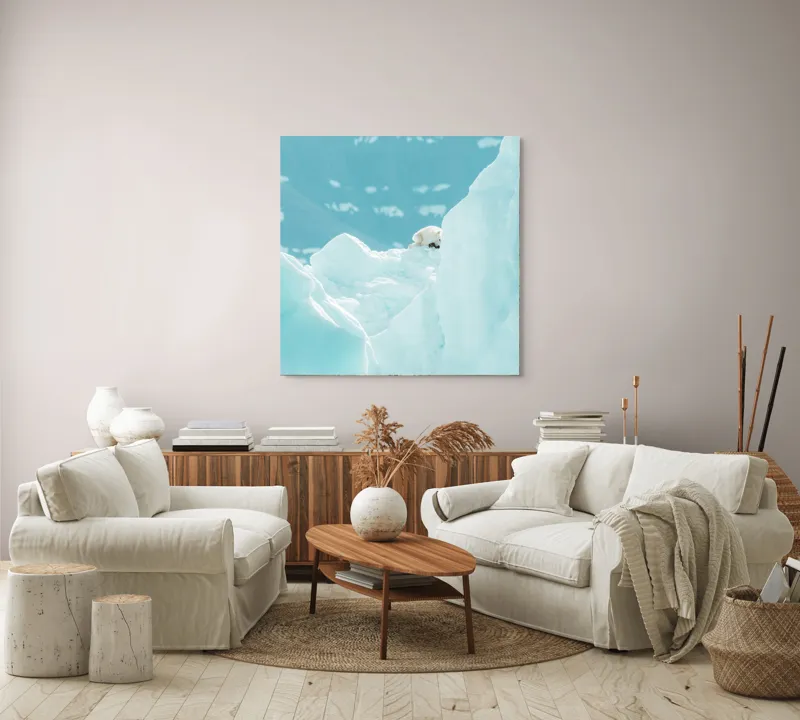 Tablou Canvas, "Urs polar între ghețurile albe", Gheață, Urs, Albastru, Rece, Arctic, Zăpadă, Înălțime, Frig, Lumină, Contrast, 100 x 100 cm – poza 3