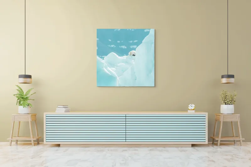 Tablou Canvas, "Urs polar între ghețurile albe", Gheață, Urs, Albastru, Rece, Arctic, Zăpadă, Înălțime, Frig, Lumină, Contrast, 100 x 100 cm – poza 5