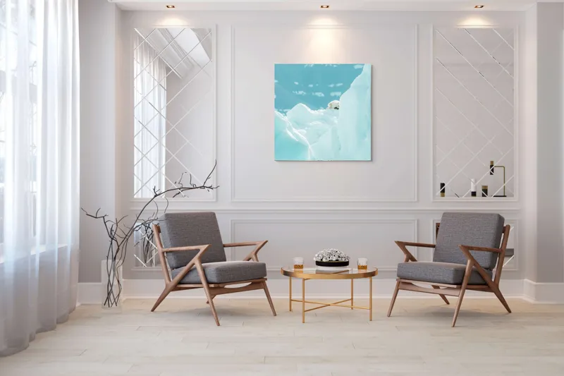 Tablou Canvas, "Urs polar între ghețurile albe", Gheață, Urs, Albastru, Rece, Arctic, Zăpadă, Înălțime, Frig, Lumină, Contrast, 100 x 100 cm – poza 7