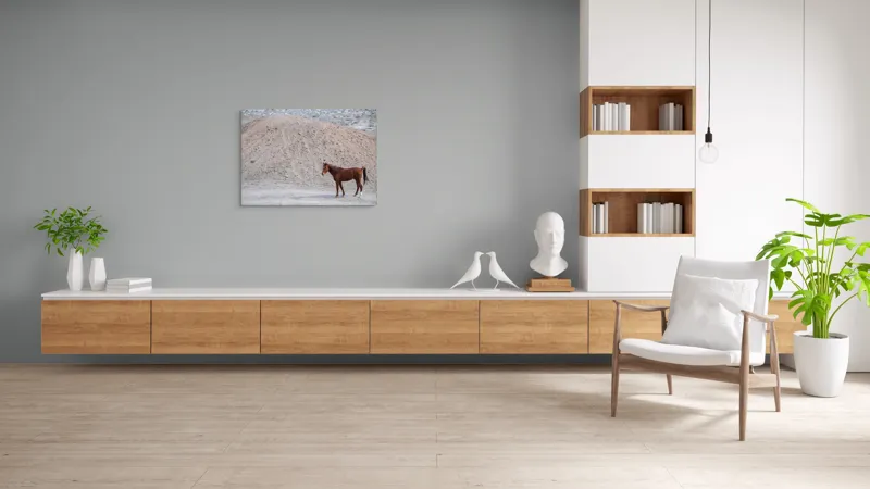 Tablou Canvas, "Cal singur în peisaj arid", Cal, Deal, Pustiu, Singurătate, Natură, Pământ, Peisaj, Sălbăticie., 100 x 70 cm – poza 6