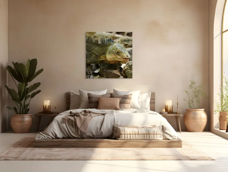 Tablou Canvas, "Iguana pe stâncile tropicale", Iguana, Solzi, Gândește, Culoare, Natură, Piatră, Camuflaj, Lumină, Textură, Tropical., 100 x 100 cm – poza 4