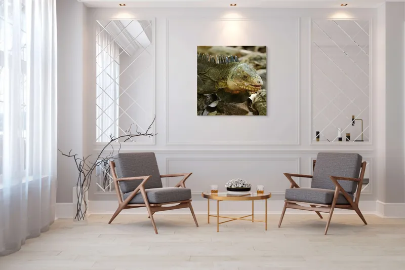 Tablou Canvas, "Iguana pe stâncile tropicale", Iguana, Solzi, Gândește, Culoare, Natură, Piatră, Camuflaj, Lumină, Textură, Tropical., 100 x 100 cm – poza 7