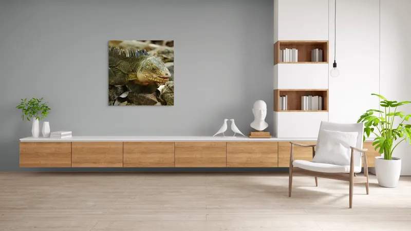 Tablou Canvas, "Iguana pe stâncile tropicale", Iguana, Solzi, Gândește, Culoare, Natură, Piatră, Camuflaj, Lumină, Textură, Tropical., 100 x 100 cm – poza 8