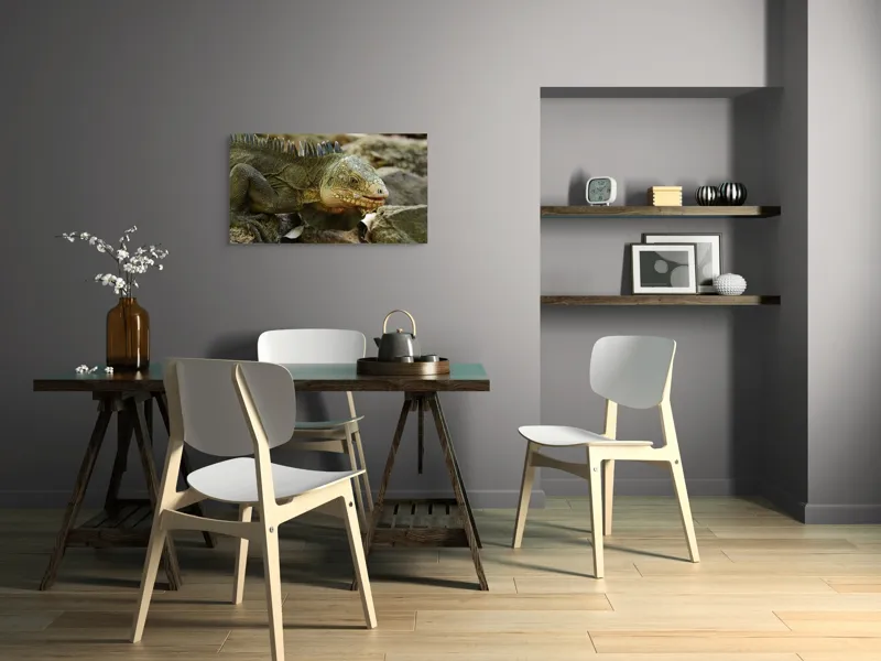 Tablou Canvas, "Iguana pe stâncile tropicale", Iguana, Solzi, Gândește, Culoare, Natură, Piatră, Camuflaj, Lumină, Textură, Tropical., 90 x 50 cm – poza 3