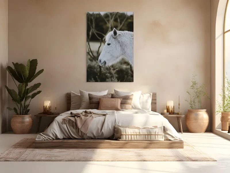 Tablou Canvas, "Calul alb al pădurii adormite", Calm, Elegant, Alb, Natural, Simplu, Seren, Gratie, Blana, Profil, Linistit, 100 x 150 cm – poza 3