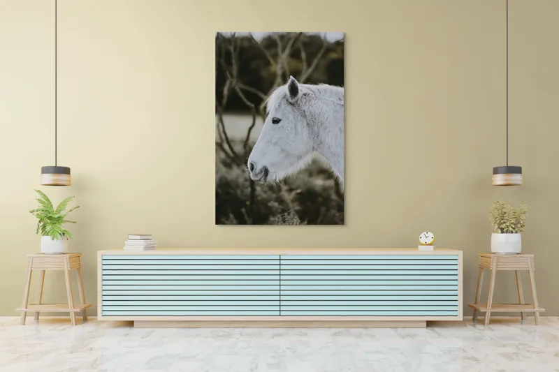 Tablou Canvas, "Calul alb al pădurii adormite", Calm, Elegant, Alb, Natural, Simplu, Seren, Gratie, Blana, Profil, Linistit, 100 x 150 cm – poza 4