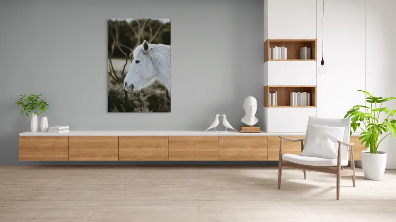 Tablou Canvas, "Calul alb al pădurii adormite", Calm, Elegant, Alb, Natural, Simplu, Seren, Gratie, Blana, Profil, Linistit, 100 x 150 cm – poza 8