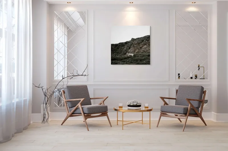 Tablou Canvas, "Capra singuratică pe stâncile abrupte", Piatra, Capră, Stâncă, Iarbă, Cer, Natură, Singurătate, Sălbăticie, 100 x 100 cm – poza 7