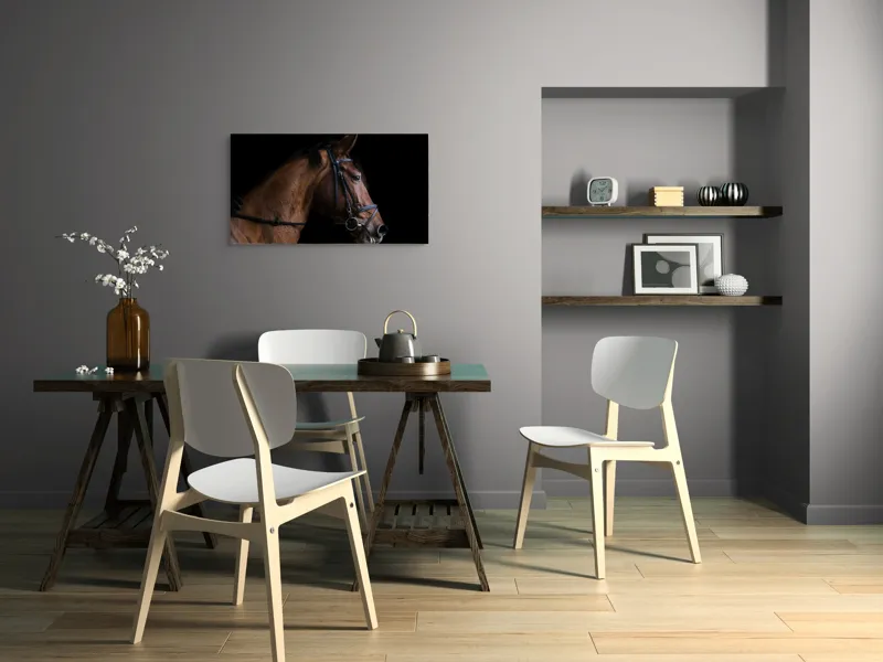 Tablou Canvas, "Nobilitate și eleganță în penumbră", Cal, Nobil, Eleganță, Profil, Frumusețe, Forță, Calm, Detalii, Maro, Cearcan Negru, 90 x 50 cm – poza 3