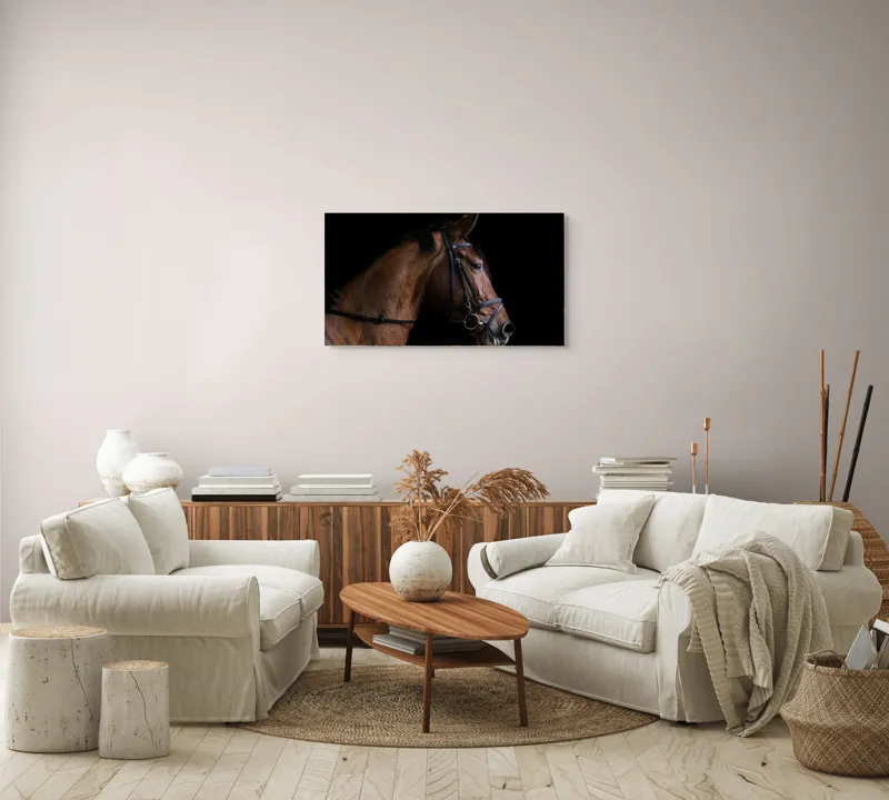 Tablou Canvas, "Nobilitate și eleganță în penumbră", Cal, Nobil, Eleganță, Profil, Frumusețe, Forță, Calm, Detalii, Maro, Cearcan Negru, 90 x 50 cm – poza 4