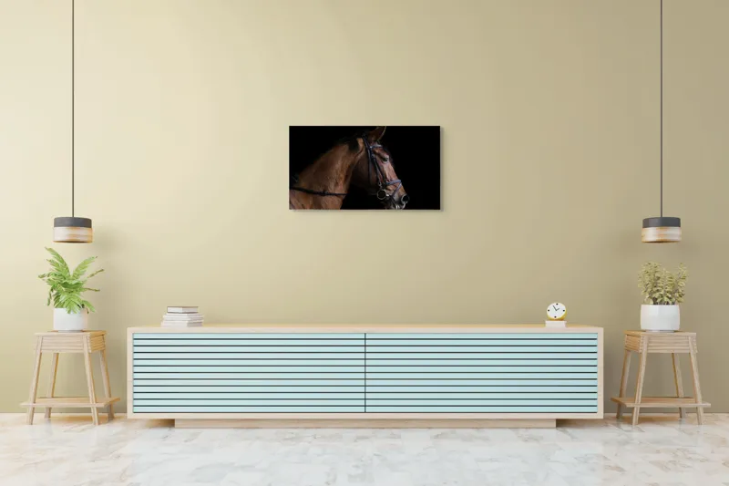 Tablou Canvas, "Nobilitate și eleganță în penumbră", Cal, Nobil, Eleganță, Profil, Frumusețe, Forță, Calm, Detalii, Maro, Cearcan Negru, 90 x 50 cm – poza 5