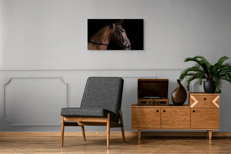 Tablou Canvas, "Nobilitate și eleganță în penumbră", Cal, Nobil, Eleganță, Profil, Frumusețe, Forță, Calm, Detalii, Maro, Cearcan Negru, 90 x 50 cm – poza 6