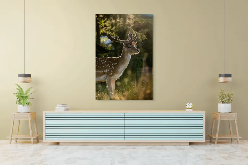 Tablou Canvas, "Cerbul admirând răsăritul din pădure.", Frumusețe, Eleganță, Lumină, Natură, Seară, Animal, Pădure, Căldură, Tranquilitate, Fin., 100 x 150 cm – poza 4